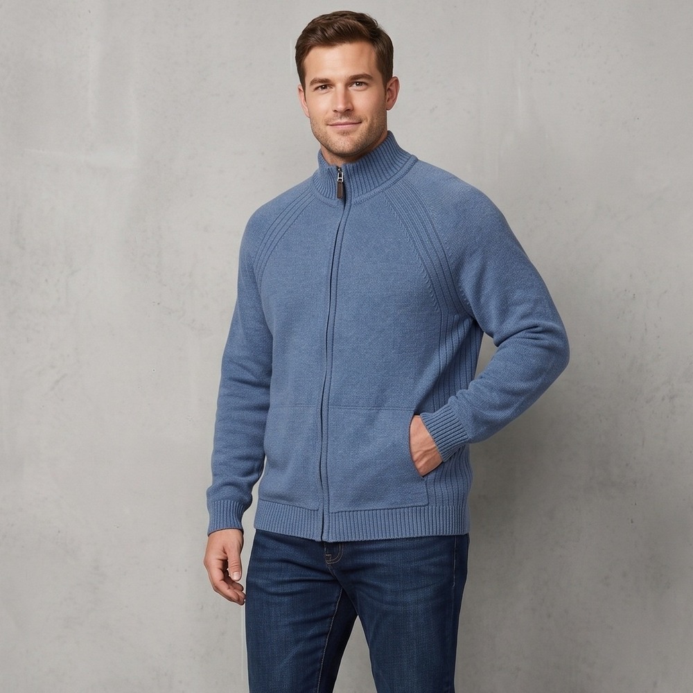 Express Mens Large Blue Sweater Full Zip Cardigan Mock Neck Ribbed Knit